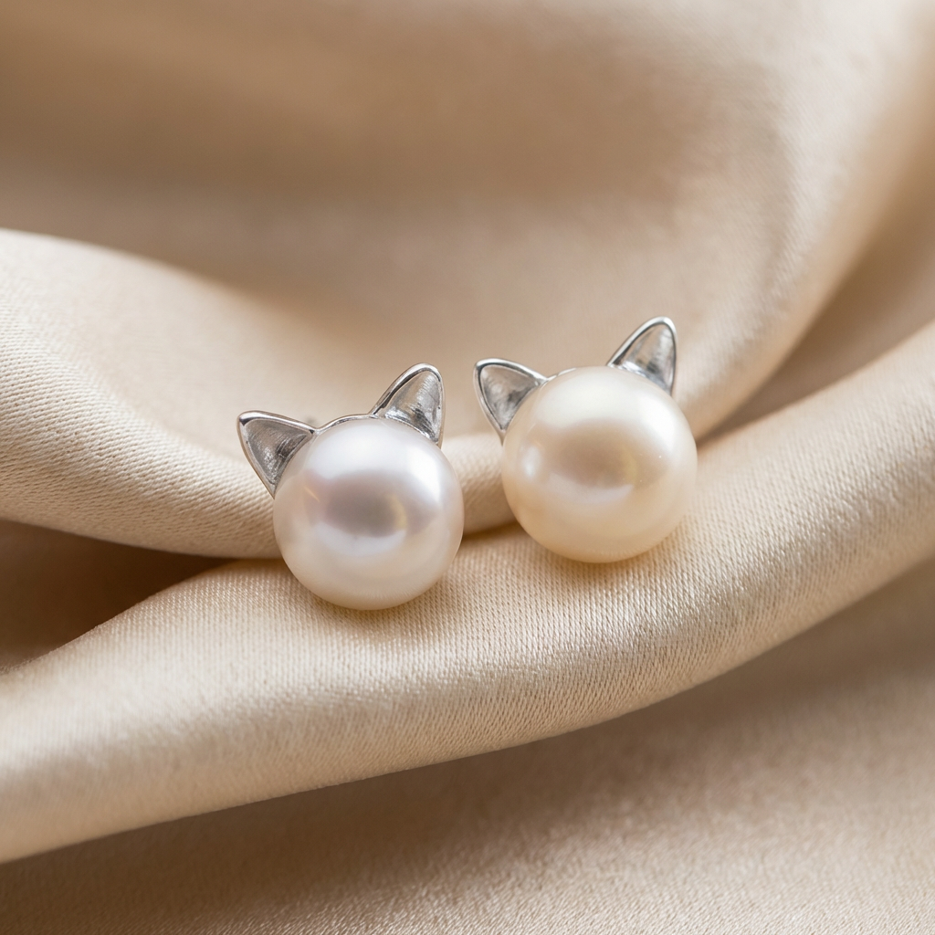 "Purrfectne elegantsed" pärlikõrvarõngad kassiga – hõbe